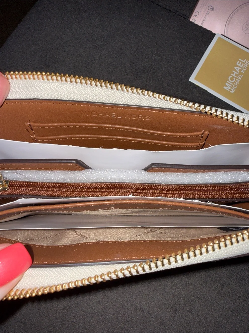Authentic Brand New! Michael Kors Beige/Gold MK Logo Zip-Around Wallet.